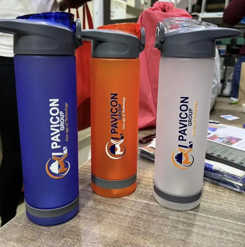 Branded Pavicon water bottles in three colours