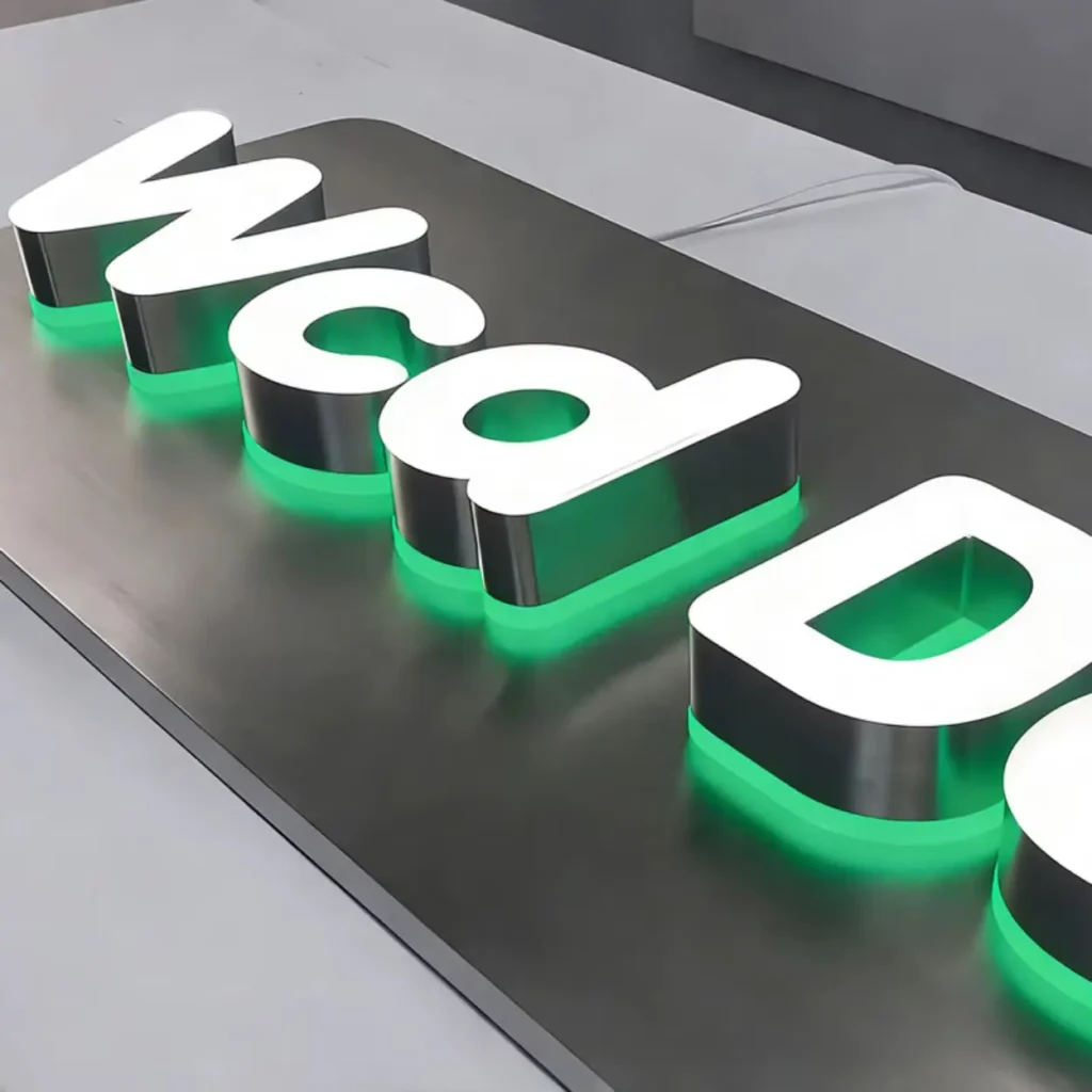Backlit 3D letters with green halo glow