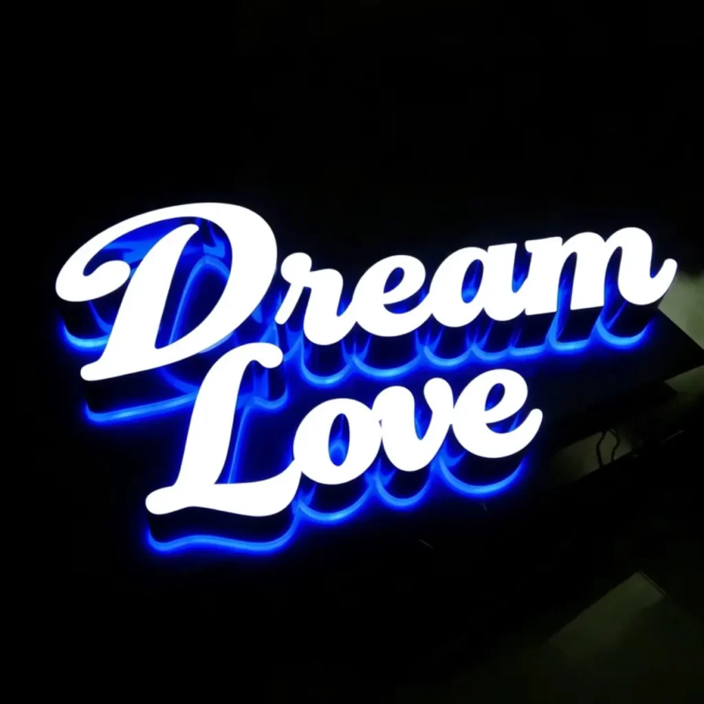 Dream Love sign with blue halo glow