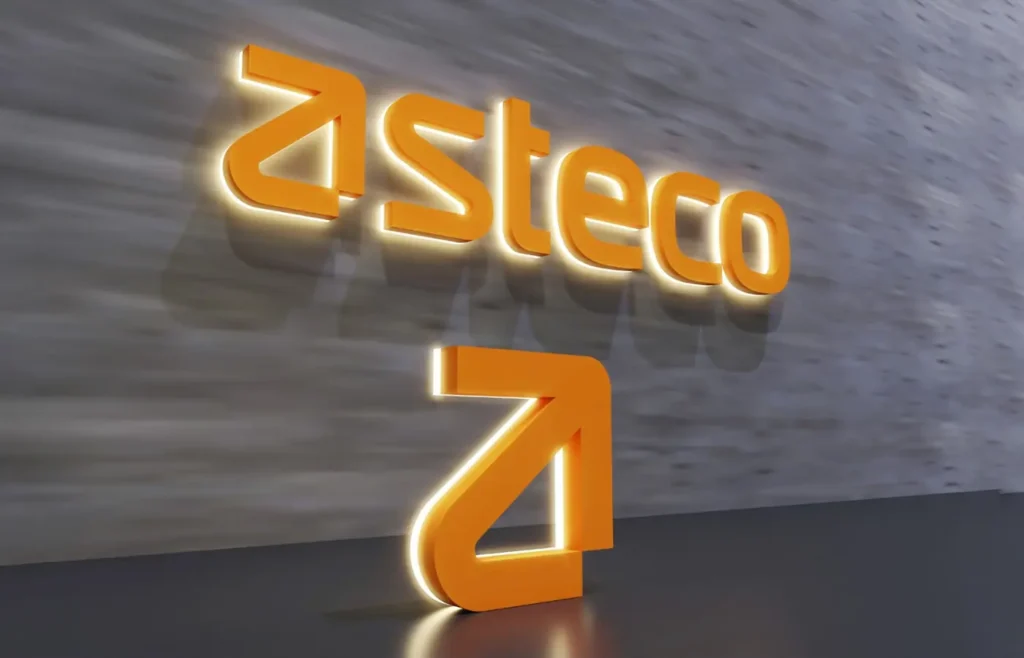 Asteco orange 3D logo and letters